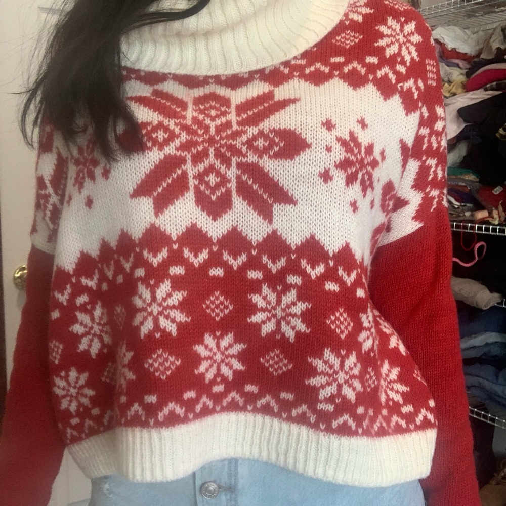 Yet Again knit turtle neck red and white holiday Christmas sweater